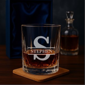 Personalized Whisky Glass: Crystal Tumbler, Initial & Name, Gift Box