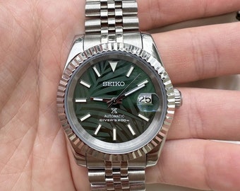 Montre de plongée avec insert en acier seiko mod Green Palm Dial, montre de plongée NH (TMI) en acier inoxydable avec saphir, option 39 mm, lunette en céramique de taille moyenne