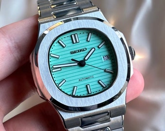 Montre de plongée en acier seiko mod Nautilus Tiffany Blue Dial 40 mm Montre de plongée NH (TMI) en acier inoxydable avec option de saphir 41 mm taille moyenne