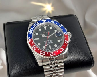 Montre de plongée en acier seiko mod cadran bleu rouge 40 mm montre de plongée NH (TMI) acier inoxydable saphir option 39 mm lunette en céramique de taille moyenne