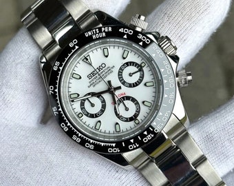 Steel insert watch seiko mod Panda divers watch NH(TMI)  Black stainless steel sapphire option 40mm medium size