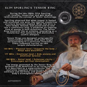 K&ouml;nnte beinhalten: Eine informative Grafik mit dem Titel Slim Spurling's Tensor Ring mit Text &uuml;ber Tensor-Technologie, Frequenzstufen und Vorteile. Eine b&auml;rtige Person mit Hut h&auml;lt zwei goldfarbene Drahtringe. Ein kleines Logo und ein kreisf&ouml;rmiges Symbol sind zu sehen.