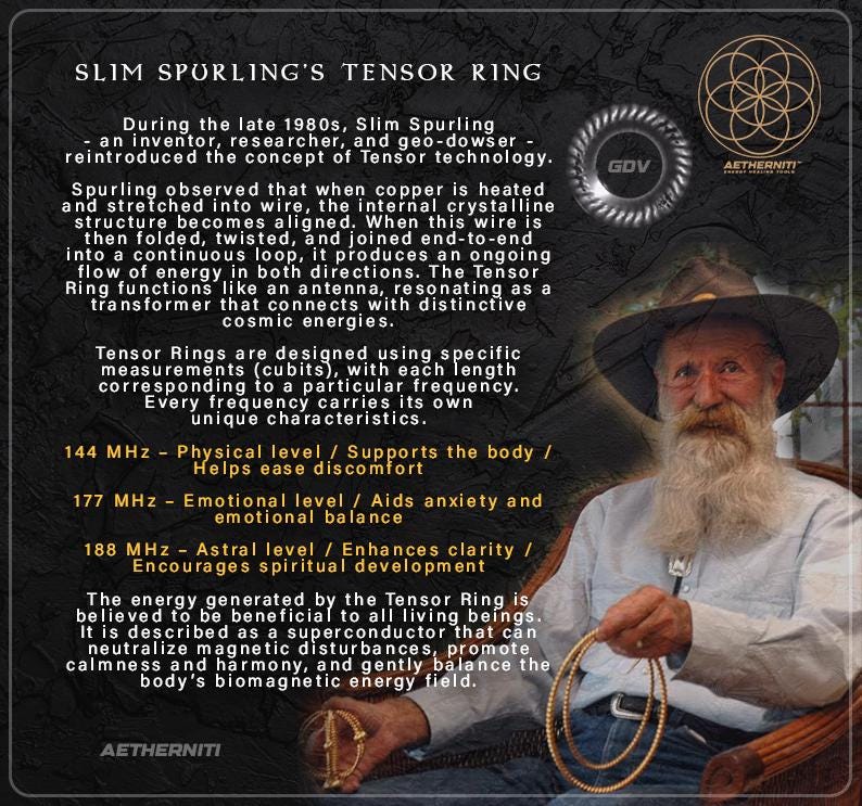 K&ouml;nnte beinhalten: Eine informative Grafik mit dem Titel Slim Spurling's Tensor Ring mit Text &uuml;ber Tensor-Technologie, Frequenzstufen und Vorteile. Eine b&auml;rtige Person mit Hut h&auml;lt zwei goldfarbene Drahtringe. Ein kleines Logo und ein kreisf&ouml;rmiges Symbol sind zu sehen.