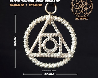 May include: A silver-plated pendant featuring a circular outer ring, a triangular frame, and a central circular element, all made of twisted wire. The text reads PHILOSOPHER'S STONE ELIXIR TENSOR RING PENDANT 144MHZ + 177MHZ. Dimensions are 50mm by 50mm.