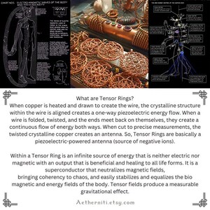 K&ouml;nnte beinhalten: Eine Sammlung kreisf&ouml;rmiger Kupferdrahtringe mit komplexen geflochtenen Mustern, pr&auml;sentiert neben zwei Informationstafeln mit den Titeln Electro-Magnetic Waves of the Body und The New Energy Centres of the United Body sowie erkl&auml;rendem Text.