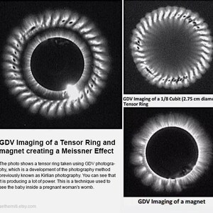 K&ouml;nnte beinhalten: Drei schwarz-wei&szlig;e GDV-Bilder, die einen Tensorring und einen Magneten zeigen. Ein Bild zeigt einen Tensorring mit 1/8 Cubit (2,75 cm Durchmesser). Der Text umfasst: GDV Imaging of a Tensor Ring and magnet creating a Meissner Effect und aetherniti.etsy.com.