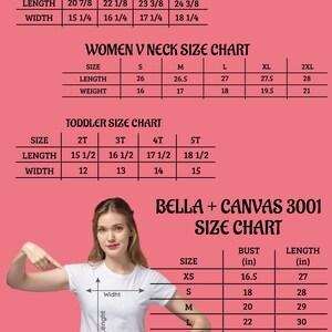 May include: Size chart for Bella + Canvas 3001 t-shirts, showing bust and length measurements in inches for sizes XS to 3XL.