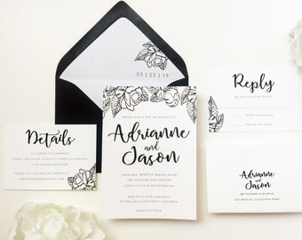 Modern Black & White Floral Wedding Invitation Suite