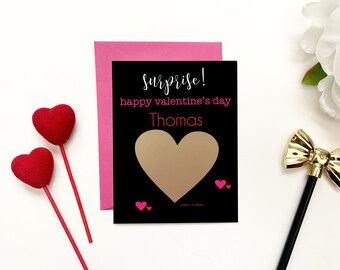 Surprise Valentine's Day CUSTOM MESSAGE Scratch Off Cards. Scratcher Card. Secret Surprise Message. Black Card with Gold Heart Scratch Off