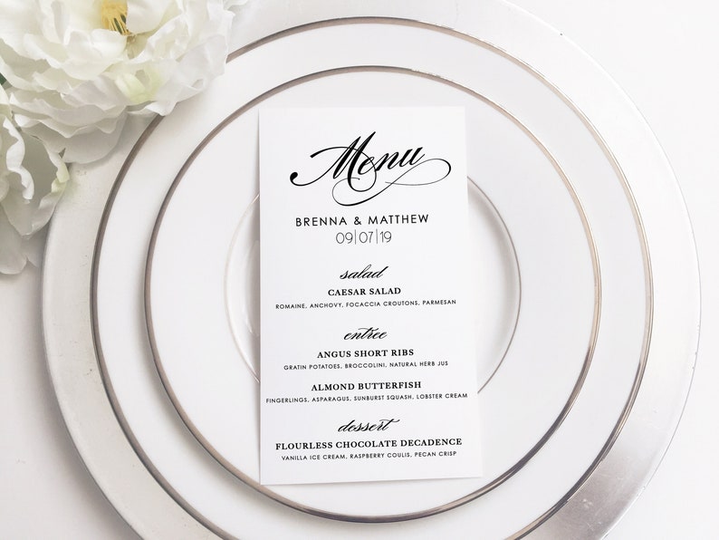 Classic Style Wedding Printed Black and White Wedding Menu Cards Customize Menu Cards Simple Printed Menu Cards
