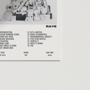 May include: A grayscale album cover with the artist's name, RAYE, in bold black letters. The album's tracklist is listed on the left, and the genre is Pop. The runtime is 46:48.