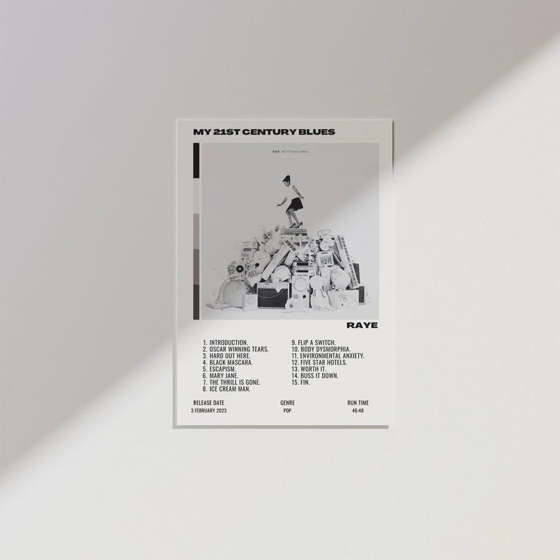 May include: A black and white album cover titled "MY 21ST CENTURY BLUES" by RAYE. The cover features a person standing on a pile of objects. The tracklist includes "Oscar Winning Tears" and "Worth It". The release date is February 3, 2023.