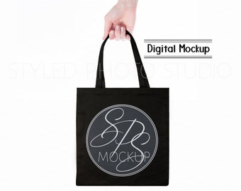 Download Black Tote Bag Mockup, Blank Canvas Bag, Hand Holding Tote ...