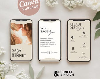 May include: A wedding invitation with a minimalist design. The invitation features a photo of a couple, the text "Sany and Bennet", and the words "Wir sagen ja" (We say yes). The invitation also includes the date and time of the wedding, as well as the location of the ceremony and reception.