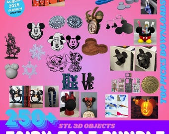May include: A collection of 3D-printed objects with a fairy tale theme, including Mickey Mouse, Stitch, and other character designs. The image features various items like bookends, coasters, and decorative pieces, with the text "FAIRY TALE BUNDLE".