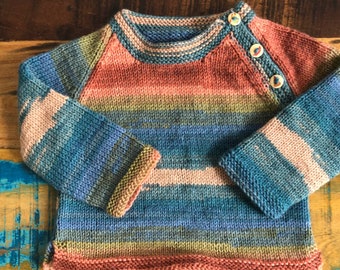 Handmade knitted Autumnal jumper with wooden toy buttons (3 months to 12 years)