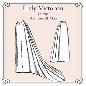 Op de afbeelding: Een zwart-witte lijntekening van een patroon voor een Victoriaanse paraplurok. Het patroon is gelabeld met "Truly Victorian TV298 1892 Umbrella Skirt".