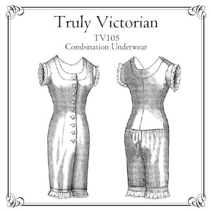 Puede incluir: Un dibujo en blanco y negro de un patrón de ropa interior combinada de la época victoriana. El patrón está etiquetado como "Truly Victorian TV105 Combination Underwear".