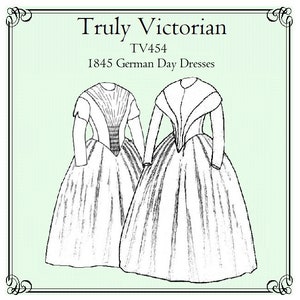 Peut inclure: Un dessin au trait en noir et blanc de deux femmes portant des robes de jour allemandes de 1845. L'image est intitulée "Truly Victorian TV454 1845 German Day Dresses".