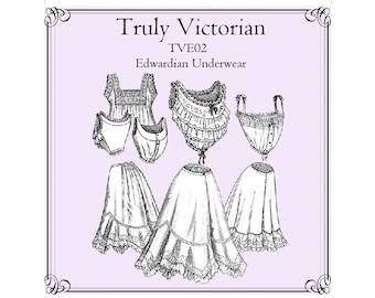 Puede incluir: Un dibujo en blanco y negro de patrones de ropa interior Edwardiana. La imagen incluye una camisa, un corpiño, un par de cajones y tres estilos diferentes de enaguas. El título "Truly Victorian" y "TVE02 Edwardian Underwear" está impreso en la parte superior de la imagen.
