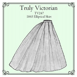 May include: A black and white line drawing of a 1865 Elliptical Skirt, a historical garment pattern. The skirt is full and flowing, with a wide, circular shape. The pattern is labeled "Truly Victorian TV247 1865 Elliptical Skirt."