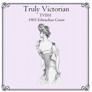 May include: A black and white line drawing of a woman wearing a 1903 Edwardian corset. The image is titled "Truly Victorian TVE01 1903 Edwardian Corset".