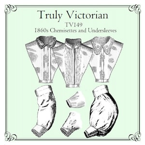 Può includere: Un disegno in bianco e nero di tre camicette e tre maniche dell'epoca vittoriana. L'immagine è intitolata "Truly Victorian TV149 Chemisettes e maniche degli anni 1860".