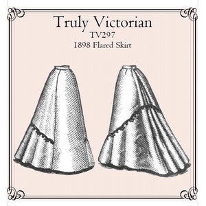 Puede incluir: Un dibujo en blanco y negro de un patrón de falda acampanada de la época victoriana. El patrón está etiquetado como "Truly Victorian TV297 1898 Flared Skirt".