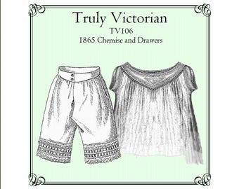 May include: A black and white line drawing of a 1865 chemise and drawers pattern, labeled "Truly Victorian TV106 1865 Chemise and Drawers".