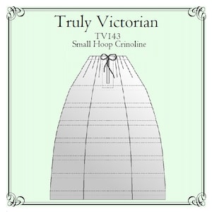 Puede incluir: Un diagrama ilustrado de una crinolina de aro pequeño, etiquetado como "Truly Victorian TV143 Small Hoop Crinoline".