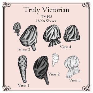 Puede incluir: Una ilustración en blanco y negro de cinco estilos de manga diferentes de la década de 1890. La ilustración está etiquetada como "Truly Victorian" y "TV495 1890s Sleeves". Cada estilo de manga está etiquetado con un número del 1 al 5.