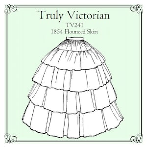 Op de afbeelding: Een zwart-witte lijntekening van een 1854 geruit rokpatroon, met de tekst "Truly Victorian TV241 1854 Flounced Skirt".