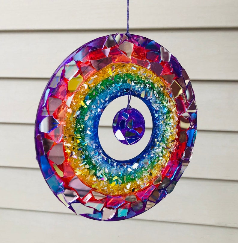 Rainbow circle SunCatcher.. SunCatcher.. rainbow sun.. whirligig wind spinner.. blingthingzbylori.. garden art .. yard art image 3