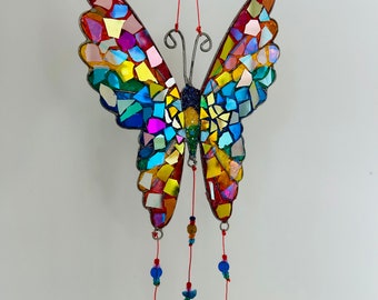 Rainbow butterfly.. stained glass butterfly SunCatcher..Rainbow butterfly suncatcher..blingthingzbylori..garden art ..whirligigs Windspinner