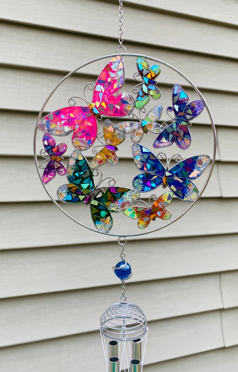 Butterflies.. butterfly wind chime .. blingthingzbylori.. SunCatcher.. garden art .. yard art .. whirligigs wind spinner image 4
