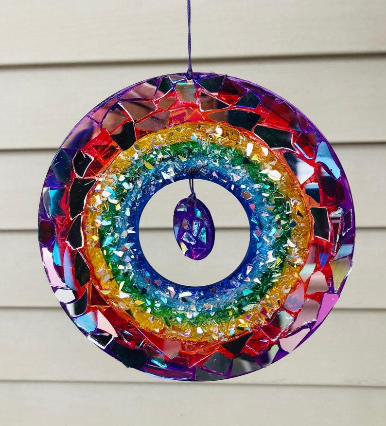 Rainbow circle SunCatcher.. SunCatcher.. rainbow sun.. whirligig wind spinner.. blingthingzbylori.. garden art .. yard art image 2