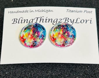 Disco ball earrings.. BlingthingzbyLori .. groovy earrings.. retro earrings.. disco items .. shrink plastic titanium studs
