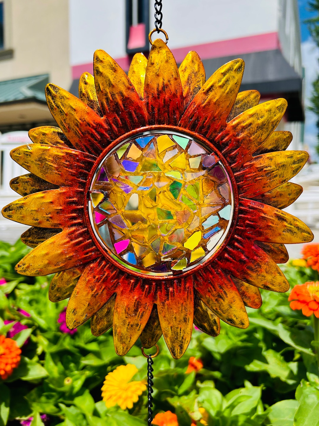 石膏像 GESCHWIND Sunflower Wind Chime: Yellow Garden Art Whirligig (26.5x7.5