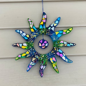 Rainbow sun suncatcher ..blingthingzbylori .. yard art.. blue sun .. whirligigs wind spinner.. suncatcher.. rainbow sun sun catcher