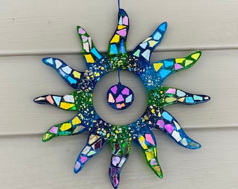 Rainbow sun suncatcher ..blingthingzbylori .. yard art.. blue sun .. whirligigs wind spinner.. suncatcher.. rainbow sun sun catcher.. gifts