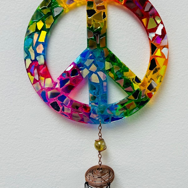 Peace sign wind chime.. Blingthingzbylori.. rainbow peace sign wind chime.. whirligigs wind spinner.. rainbow suncatcher..