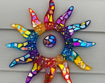 Rainbow sun SunCatcher..stained glass SunCatcher.. blingthingzbylori.. whirligigs wind spinner.. Father’s Day gifts .. tiki bar decoration