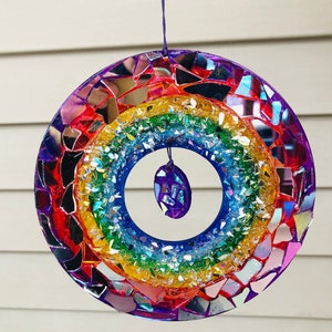 Rainbow circle SunCatcher.. SunCatcher.. rainbow sun.. whirligig wind spinner.. blingthingzbylori.. garden art .. yard art