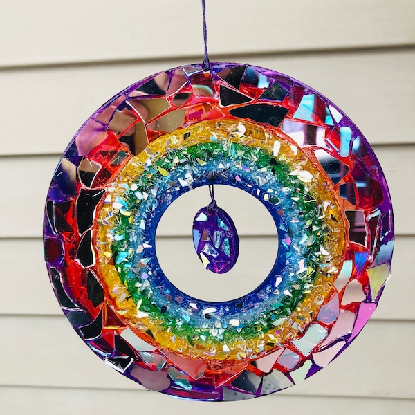 Rainbow circle SunCatcher.. SunCatcher.. rainbow sun.. whirligig wind spinner.. blingthingzbylori.. garden art .. yard art