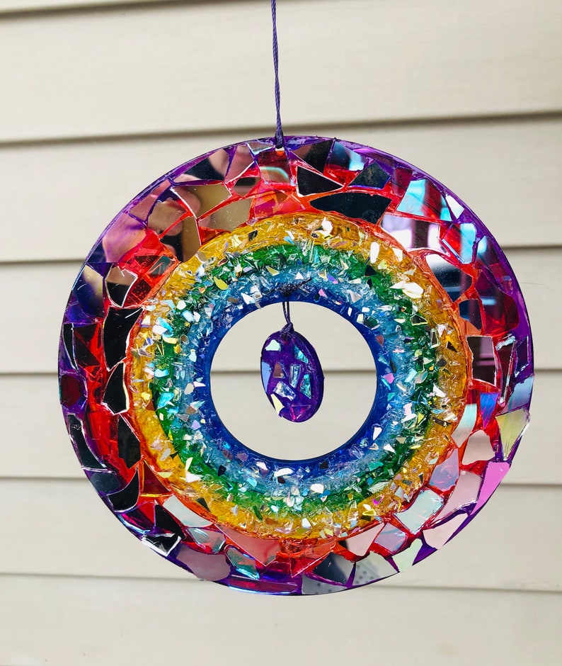 Rainbow circle SunCatcher.. SunCatcher.. rainbow sun.. whirligig wind spinner.. blingthingzbylori.. garden art .. yard art image 1