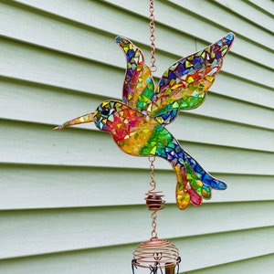 Hummingbird.. Wind chime.. blingthingzbylori.. Garden art.. Yard art.. Pride item .. rainbow hummingbird..  whirligigs wind spinner