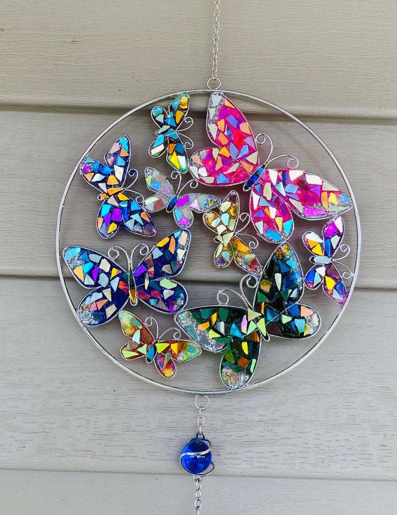 Butterflies.. butterfly wind chime .. blingthingzbylori.. SunCatcher.. garden art .. yard art .. whirligigs wind spinner image 1