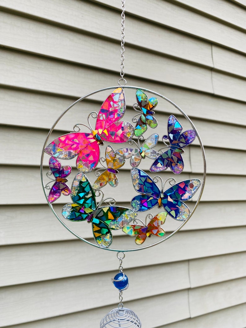 Butterflies.. butterfly wind chime .. blingthingzbylori.. SunCatcher.. garden art .. yard art .. whirligigs wind spinner image 6