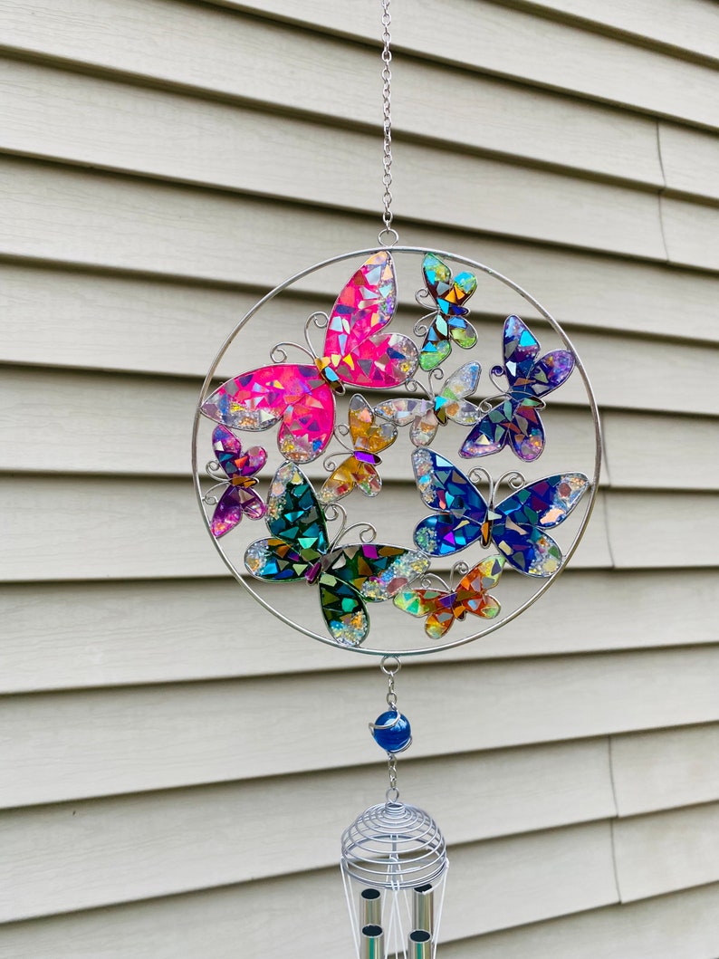 Butterflies.. butterfly wind chime .. blingthingzbylori.. SunCatcher.. garden art .. yard art .. whirligigs wind spinner image 3