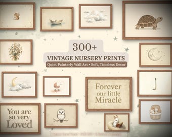 300+ Vintage Nursery Wall Art Bundle | Neutral Scandinavian Nursery Prints | Baby Room Cute Animals, Quotes & Toys